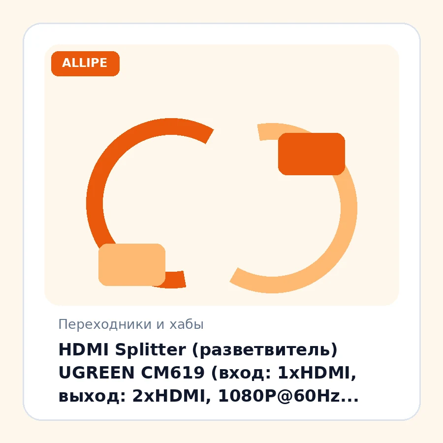HDMI Splitter (разветвитель) UGREEN CM619 (вход: 1хHDMI, выход: 2хHDMI, 1080P@60Hz, 1хБлок питания 5V 2A) 40201EU