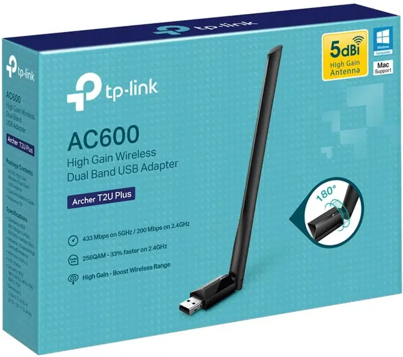 Адаптер Wi-Fi USB TP-LINK Archer T2U Plus AC600 Dual-Band, 433Mbps 5GHz+200Mb/s 2.4GHz, 1 антенна, USB 2.0