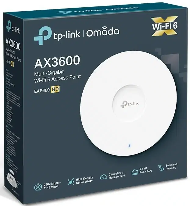 Точка доступа TP-Link EAP660 HD AX3600 Dual-Band Wi-Fi 6 1148MB/s 2.4GHz, 2402MB/s 5GHz, 1х2.5Gb/s + POE, 4 antennas, VLAN, MU-MIMO, Omada