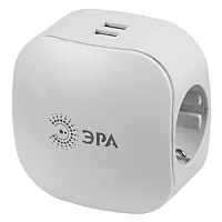 Тройник 3гн, 220V+2xUSB 2100mA c заземл, со шт, белый ЭРА