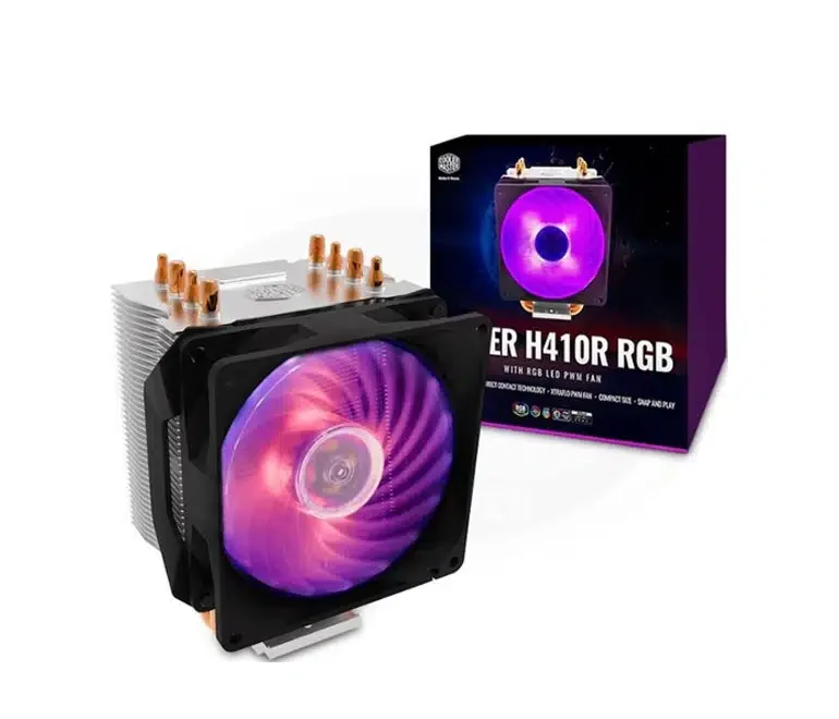 Кулер для процессора CoolerMaster Hyper H410R RGB, Intel LGA 1366/2011/2066/1200/115X/775/AM5/AM4/AM3+/AM3/AM2+, 100W, 600-2000 об/мин, 29 дБA max, 34.73CFM, 4pin, 4 теплотрубки, Габариты 136 х 102 х 83 мм, Чёрный, RR-H410-20PC-R1