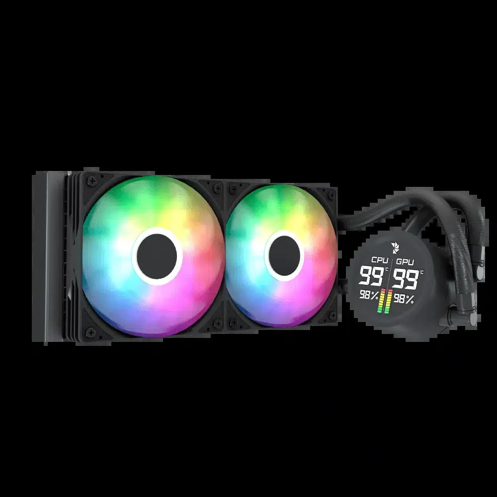 Система жидкостного охлаждения Aerocool, Abyss L240R Digi, Intel 1851/1700/1200/115х и AMD AM5/AM4, TDP 280W, 2*120мм ARGB, 660-1800 RPM+-10%, 81,5CFM, <36 dB(A), 280W, Чёрный