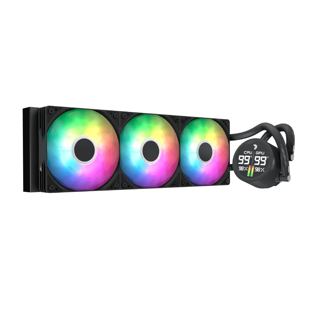 Система жидкостного охлаждения Aerocool, Abyss L360R Digi, Intel 1851/1700/1200/115х и AMD AM5/AM4, TDP 320W, 3*120мм ARGB, 600-3000 RPM+-10%, 81,5CFM, <36 dB(A), 320W, Чёрный