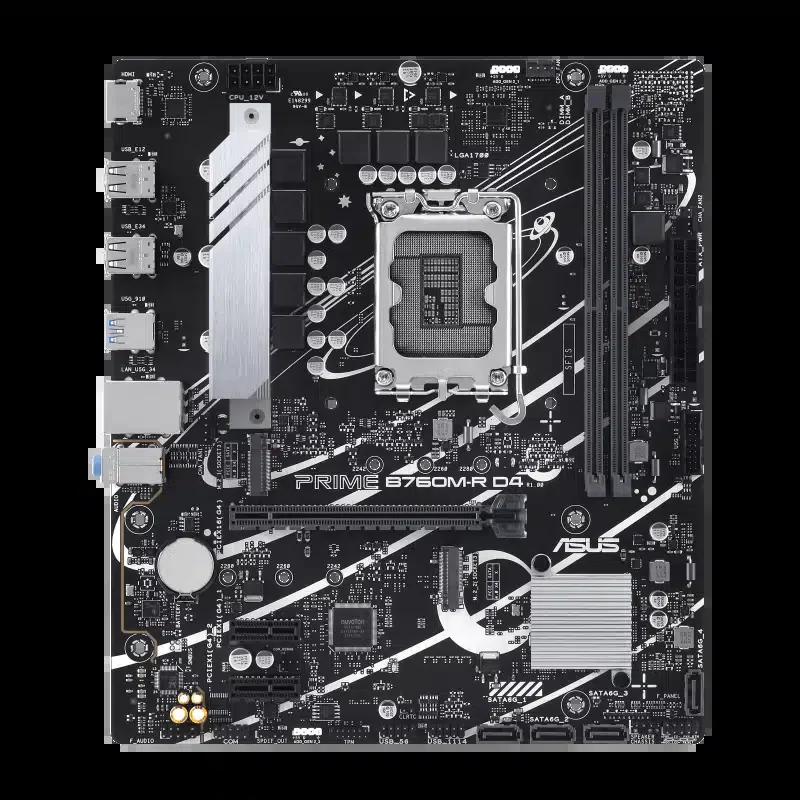 Матплата ASUS PRIME B760M-R D4, LGA1700, Intel B760, 2xDDR4 PC42600, 1xPCI-E 3.0x16, 2xPCI-E 3.0x1, Sound8Ch, GLAN, 4SATA+2M.2, RAID, mATX, 6USB3.2+5USB2.0, HDMI