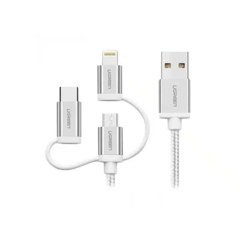 Переходник Ugreen US186 USB 2.0 A To Micro USB+Lightning+Type C (3 in 1) Cable Sliver 1.5M, 50203