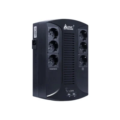 Источник бесперебойного питания SVC U-650-L, Smart, USB, Диапазон работы AVR: 145-290В, Бат.: 12В/7 Ач., 6 вых.: Shuko CEE7(3 с работой от батареи, 3 сетевой фильтр), USB 5В/2А*2 шт., Чёрный