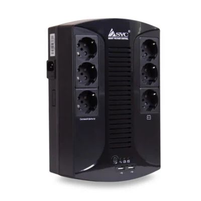 Источник бесперебойного питания SVC U-850-L, Smart, USB, Диапазон работы AVR: 145-290В, Бат.: 12В/8Ач., 6 вых.: Shuko CEE7(3 с работой от батареи, 3 сетевой фильтр), USB 5В/2А*2 шт., Чёрный