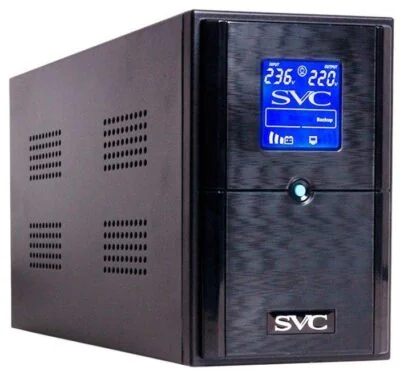 Источник бесперебойного питания SVC V-1500-F-LCD, Smart, USB, Мощность 1500ВА/900Вт, Диапазон работы AVR: 165-275В, Бат.: 12В/9 Ач*2шт., 3 вых.: Shuko CEE7, Защита тел. линии, Чёрный