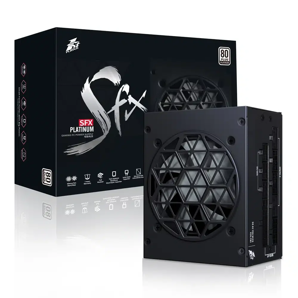 Блок питания 1STPLAYER SFX, PS-850SFX-BK, 850W, SFX, APFC, GOLD, 20+4pin, 4+4pin, 8*Sata, 4*Molex, 2*PCI-E 6+2pin, 1*(16pin)12VHPWR, Modular, Вентилятор 8см, Черный