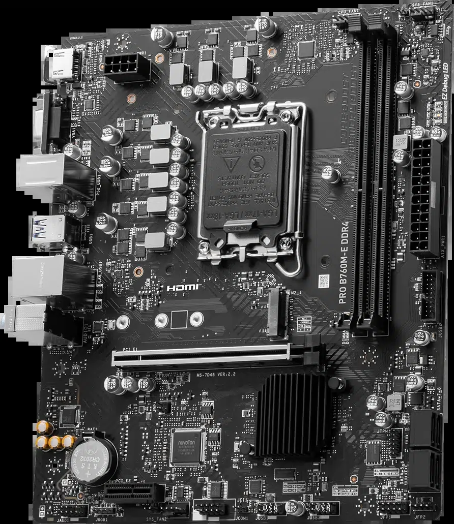 MSI PRO B760M-E D4 mATX,LGA1700,Intel B760,2xDDR4 3200MHz,1*PCI-E4.0,1*PCI-E3.0,1*M2,4*Sata,6Gb/s,1Gb Lan,2*USB3.2,4*USB2.0,HDMI,VGA