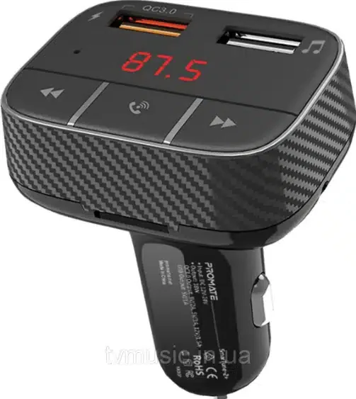 FM-модулятор Promate smarTune-2+ автомобильный (Bluetooth v5.0/ USB QC 3.0x1,USB 2.0x1/ mSDx1/ up to 32GB/ 87.5-108.0MHz/ MP3,WAV/ 18W/ микрофон)